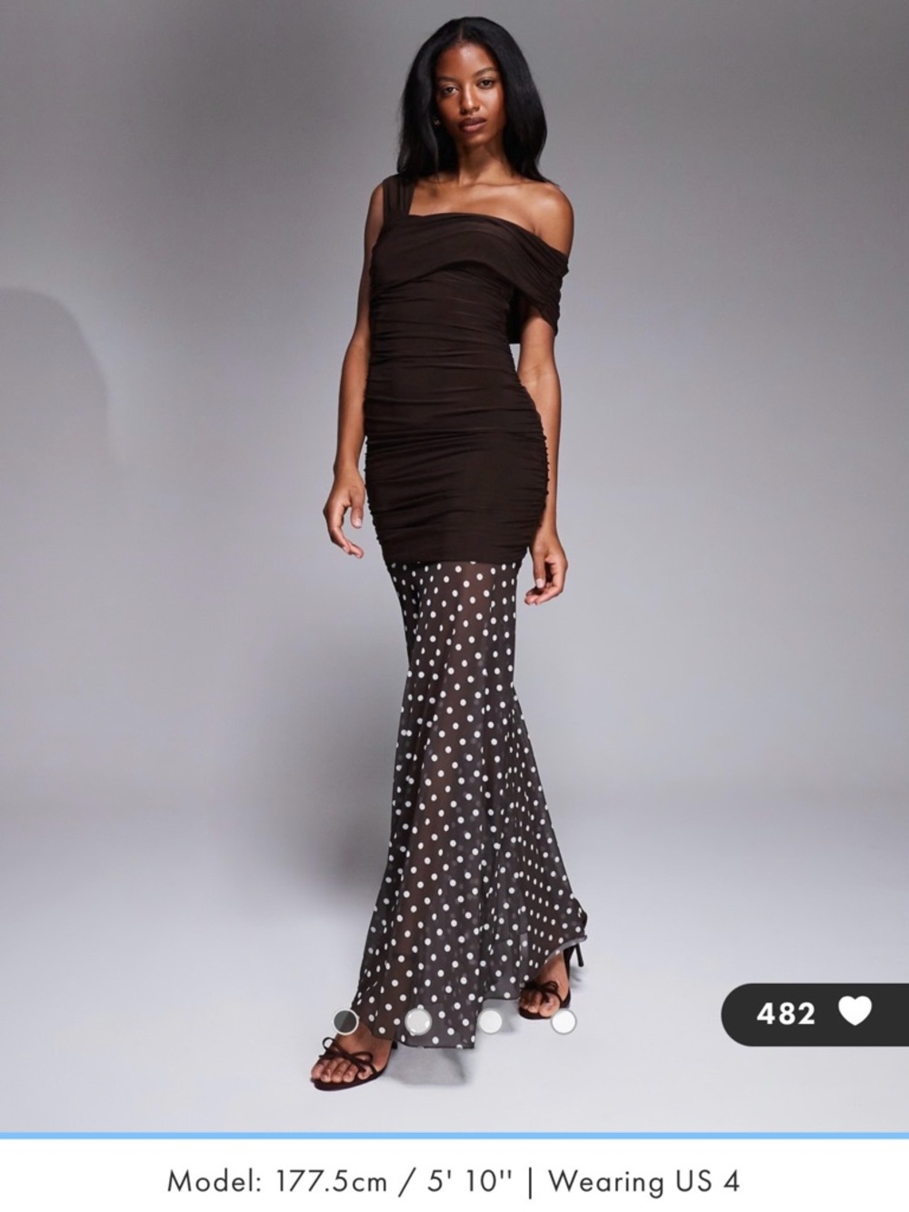 One-Shoulder Brown Polka Dot Mesh Maxi Dress